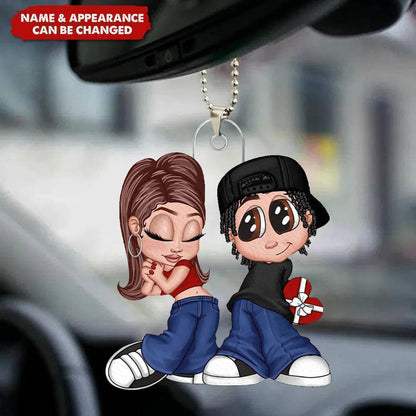 Personalized Y2K Cartoon Lovers Acrylic Car Hanger, Unique Anniversary Gift for Couples