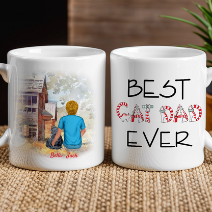 Best Cat Dad Ever Personalized White Ceramic Mug with Cat Illustration, Cozy Scene & Unique Gift for Pet Lovers
