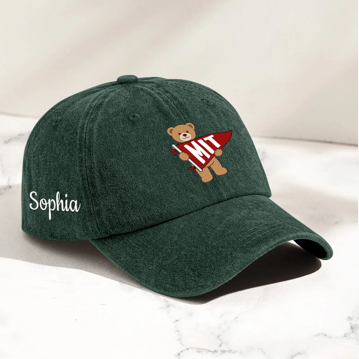 Personalized Washed Denim Baseball Cap, Cute Bear Holding Pennant, Unique Gift for Students & Friends