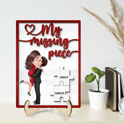 Embrace of Love - 'My Missing Piece' Personalized 2-Layer Wooden Plaque with Hugging & Kissing Couple - Ideal Valentine's & Anniversary Gift for Him & Her