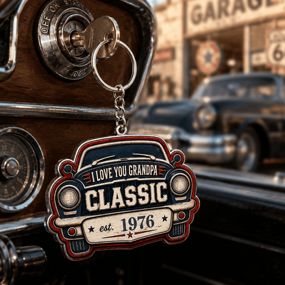 Custom Vintage Car Keychain, Acrylic or Wooden Style, Personalized Year Gift for Dad, Grandpa & Classic Car Fans