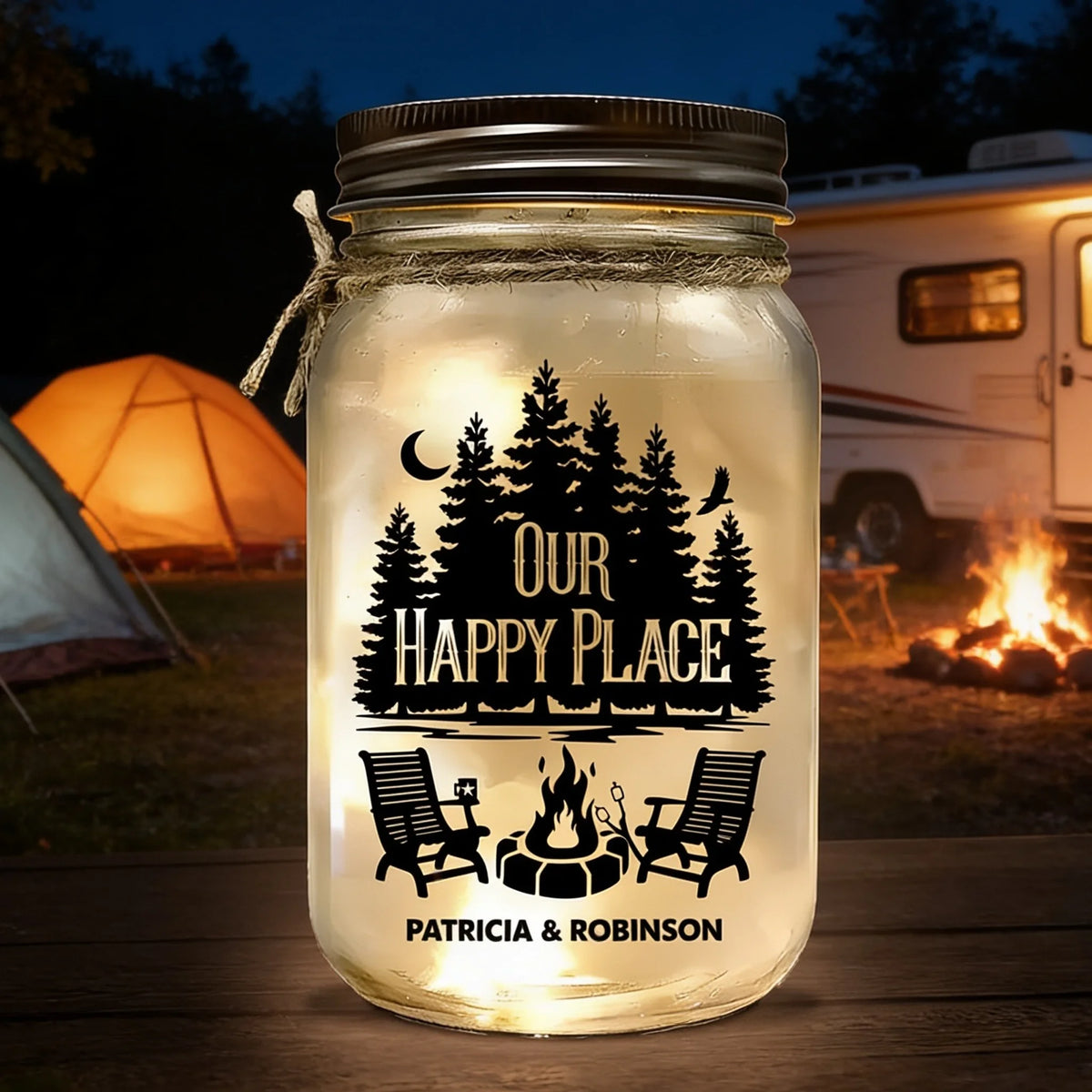 Our Happy Place Glass Mason Jar Light, Personalized Campfire Keepsake, Creative Gift for Couples