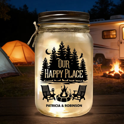 Our Happy Place Glass Mason Jar Light, Personalized Campfire Keepsake, Creative Gift for Couples