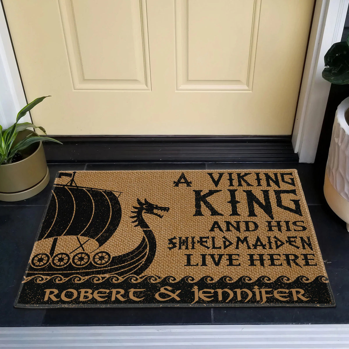 A Viking King And His Shieldmaiden Live Here Standard Doormat, Personalized Entryway Welcome Mat - Unique Gift