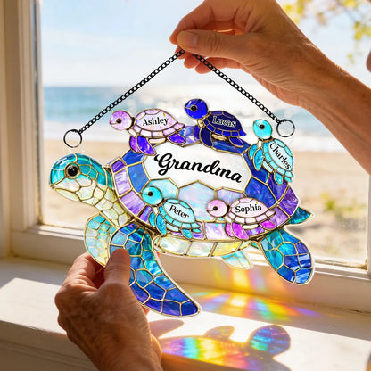 Acrylic Suncatcher Ornament for Grandma with Sea Turtle Family, Beachy Window Decor with Rainbow Shine, Thoughtful Personalized Gift