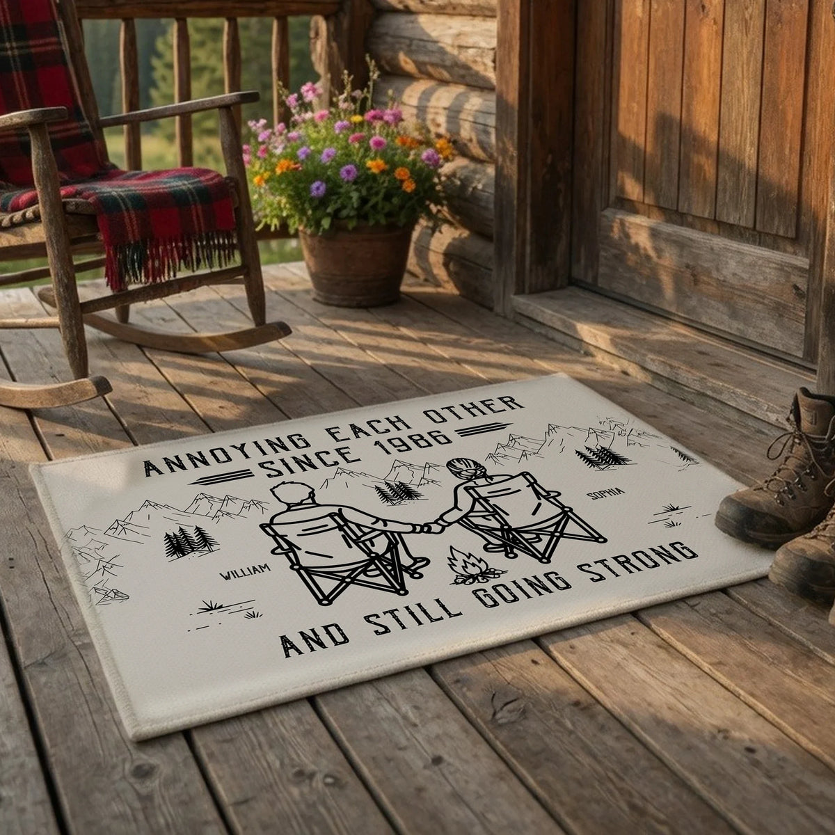 Personalized Standard Doormat, Couple Sitting Hand in Hand by a Mountain Campfire, Unique Gift for Couples