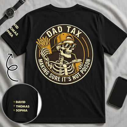 Dad Tax Personalized Dual Print Classic Tee, Vintage Skeleton Holding Fries & Drink, Unique Gift for Dad