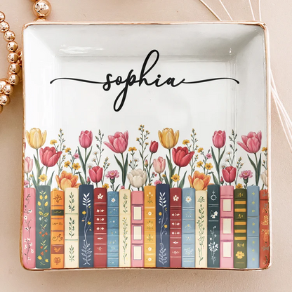 Custom Jewelry Dish with Blooming Book Design, Sentimental Creative Gift for Readers and Book Club Friends