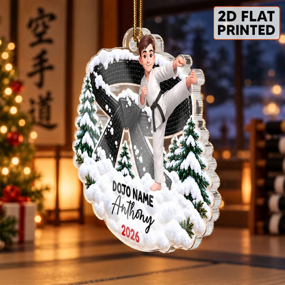 Personalized Karate Acrylic Ornament, High Kick in Snowy Pines, Unique Christmas Gift for Young Martial Artists