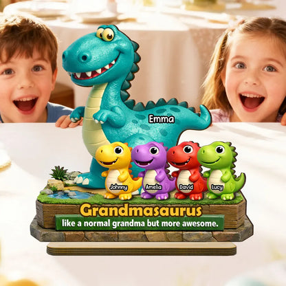 2-Layer Wooden Plaque Personalized Grandmasaurus With Cute Dino Kids - Sweet Living Room or Nursery Display, Creative Gift for Grandma