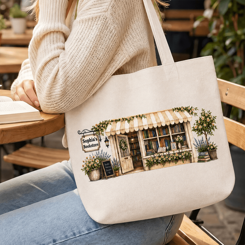 Personalized Bookstore Corduroy Tote Bag, Custom Name Floral Bookshop Bag, Unique Gift for Book Lovers