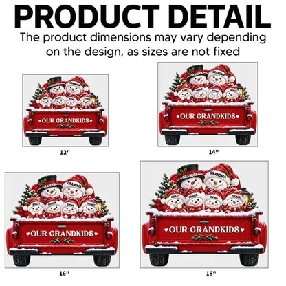 Personalized Shaped Yard Sign, Snowman Family Riding a Red Truck, Unique Christmas Gift for Grandparents