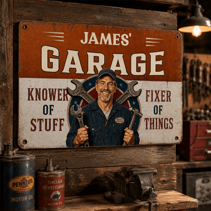 Personalized Mechanic Garage Sign with Custom Photo & Name, Rustic Metal Wall Decor, Gift for Dad, Grandpa or Handyman