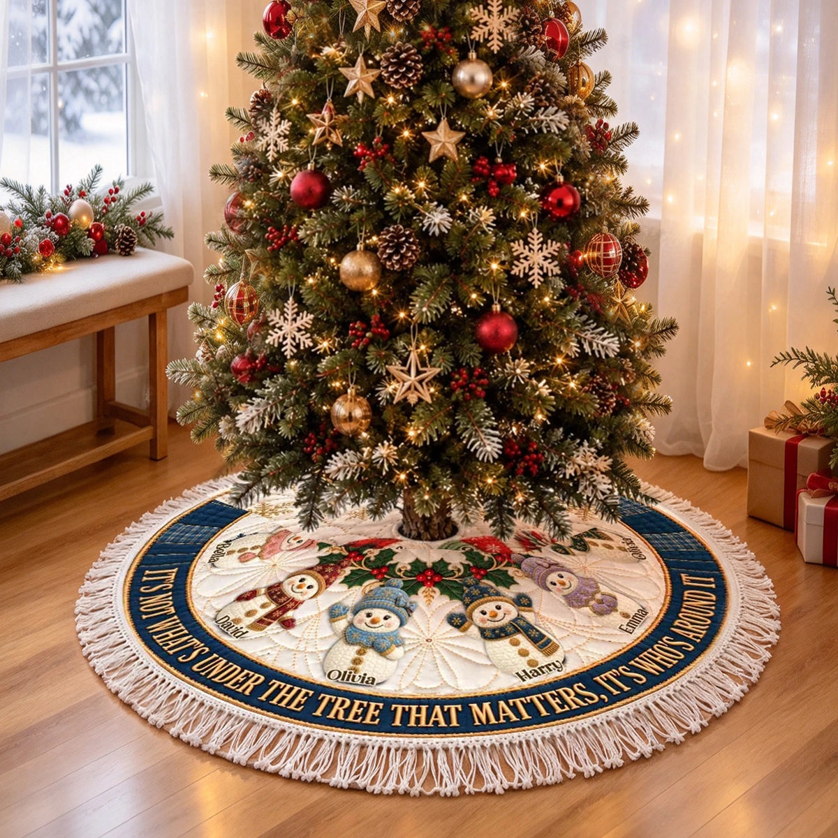 Personalized Plush Christmas Tree Skirt, Snowman Family Keepsake with Heartwarming Quote, Creative Gift for Families