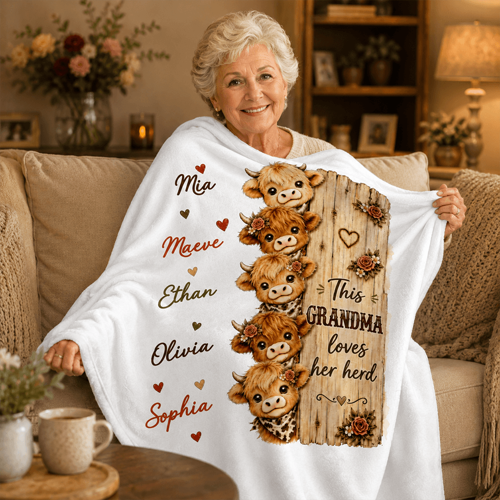 Personalized Grandma’s Herd Highland Cow Blanket with Grandkids’ Names, Cozy Gift for Grandma