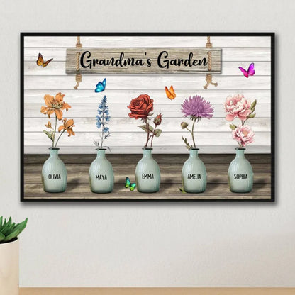 Grandma‘s Garden Birth Month Flowers Pots Personalized Horizontal Keychain or Poster, Mother's Day Gift For Grandma, Mom, Auntie
