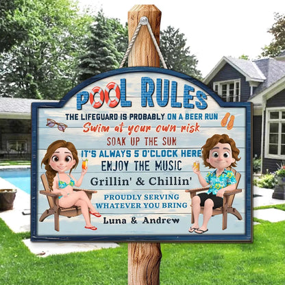Poolside Grillin' & Chillin' Personalized Wooden Sign, Beachy Funny Backyard Decor, Unique Gift For Couples