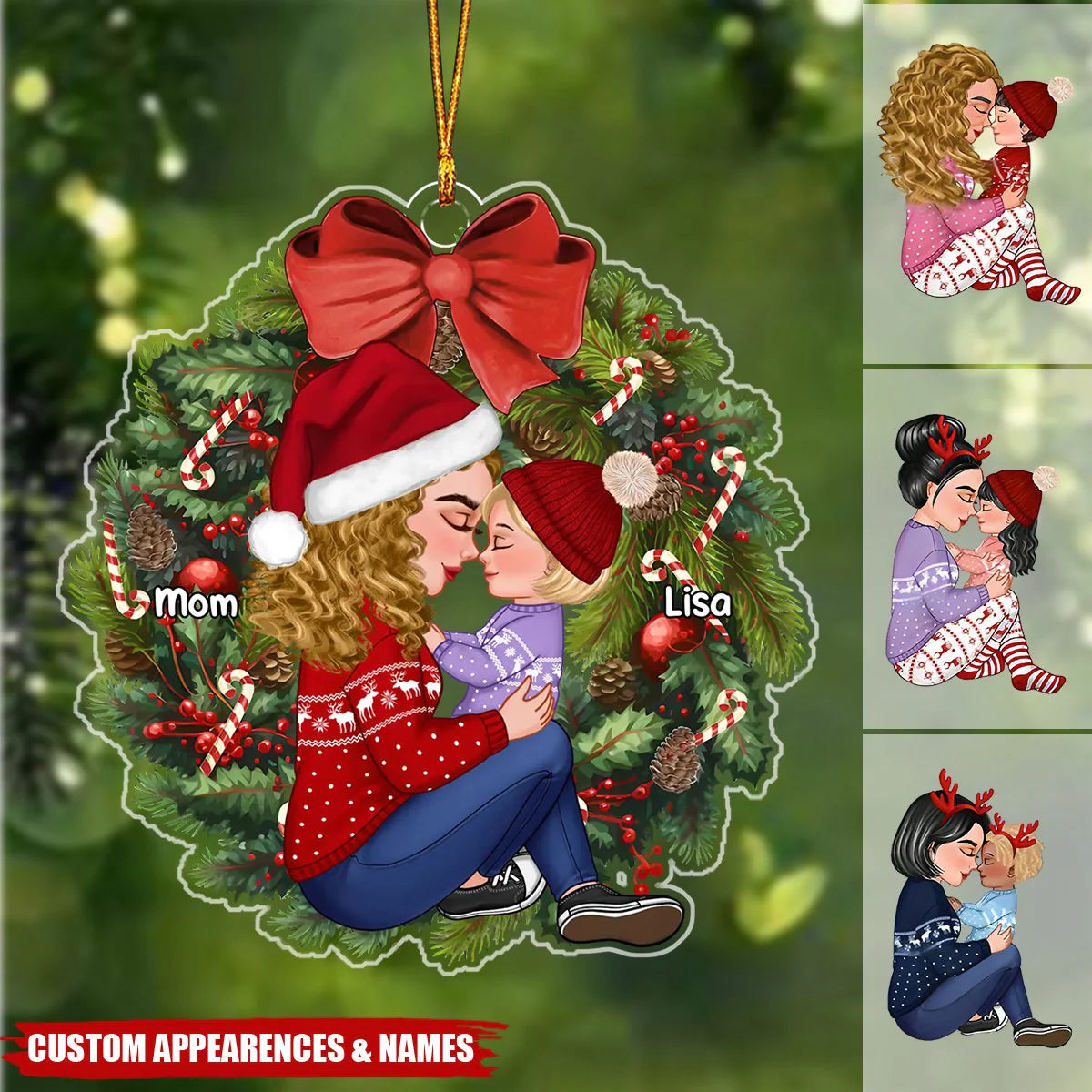 Grandma Mom Hugging Kid Sitting On Christmas Wreath Personalized Piggy Bank or Ornament or Plaque or Keychain or Poster