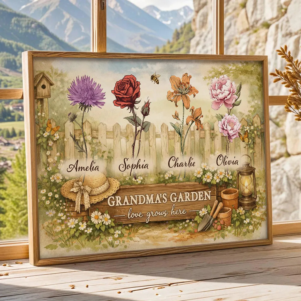 Personalized Grandma's Garden Flowers Poster, Vintage Cottagecore Wall Art, Unique Gift for Grandma or Mom
