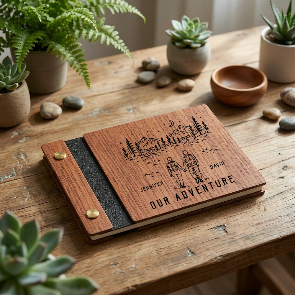 Personalized Wooden Memory Book for Couples, Custom Adventure Keepsake Album with Names, Anniversary or Wedding Gift