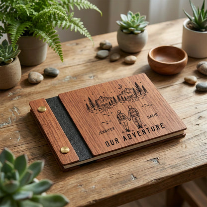 Personalized Wooden Memory Book for Couples, Custom Adventure Keepsake Album with Names, Anniversary or Wedding Gift