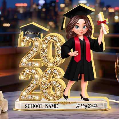 Personalized Graduation Acrylic Light Box with Class of 2026 Glitter Look and Grad Holding Diploma, Unique Gift for Graduates