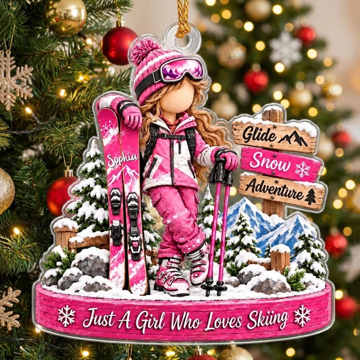 Personalized Skiing Christmas Ornament, Custom Name Boy or Girl Skier in Snowy Mountains, Winter Sports Gift for Ski Lovers