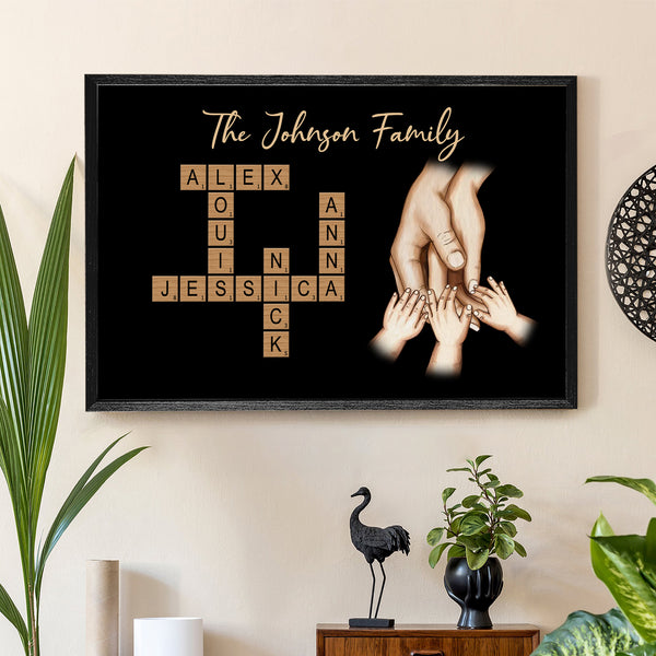 Personalized Poster or Keychain or Ornament or Plaque - Family Hands In Hands Crossword Puzzle Art Created In A Moment Treasured Forever