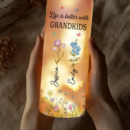 Bottle Lamp Personalized for Grandkids, Soft Warm Ambient Light with Wildflowers, Thoughtful Home Decor Gift for Grandma