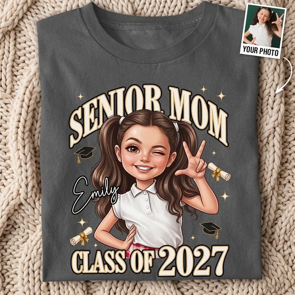 Personalized Classic Tee, Winking Senior Portrait with Graduation Icons, Creative Gift for Mom