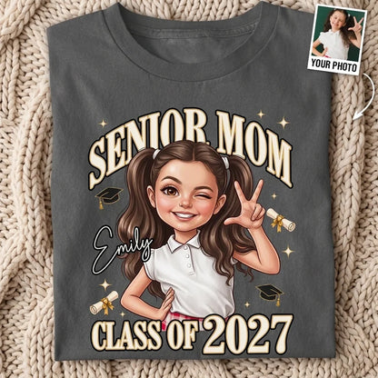 Personalized Classic Tee, Winking Senior Portrait with Graduation Icons, Creative Gift for Mom