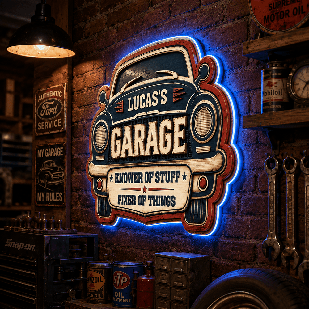 Personalized Garage LED Sign, Fixer of Things Custom Name Sign, Unique Gift for Car Lovers & Mechanics