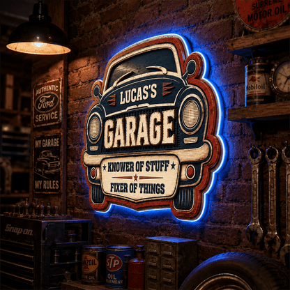 Personalized Garage LED Sign, Fixer of Things Custom Name Sign, Unique Gift for Car Lovers & Mechanics