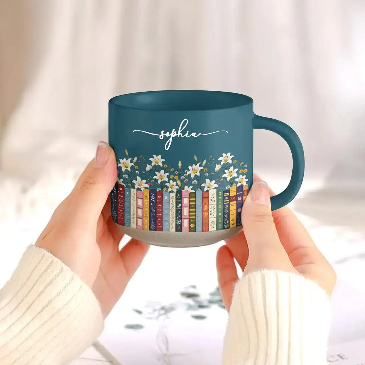Personalized Birthflower Pottery Mug for Book Lovers, Unique Creative Gift for Daily Coffee