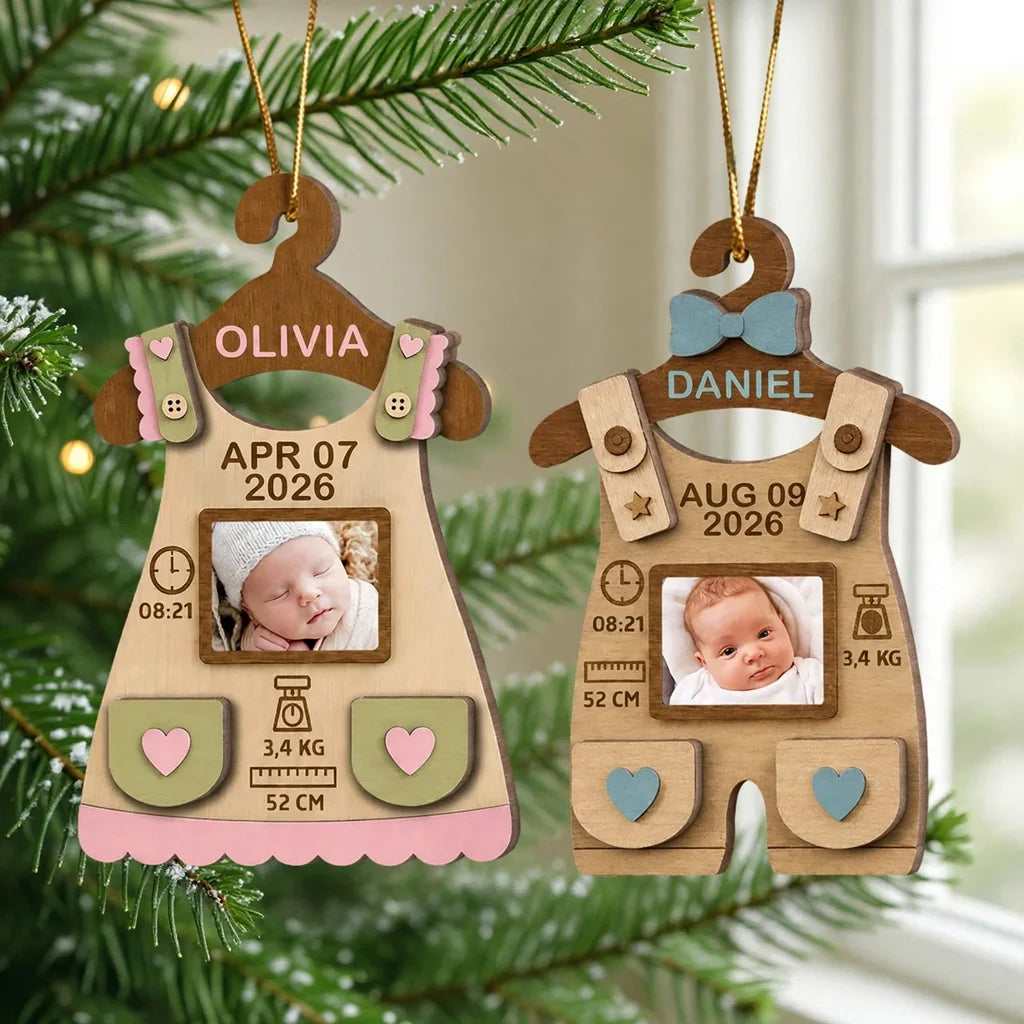 Personalized Baby Birth Stats 2-Layer Wooden Ornament, Outfit Photo Keepsake for Christmas Tree, Unique Gift for Parents