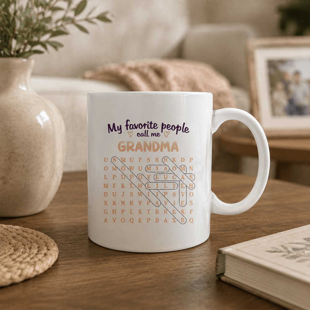 Personalized Grandma Word Search Gift, Custom Family Names, Choose a Mug or Apparel