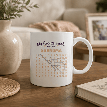 Personalized Grandma Word Search Gift, Custom Family Names, Choose a Mug or Apparel