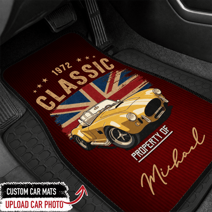 Personalized Classic Car Floor Mats with Custom Name, Year & Flag, Gift for Dad, Husband, Boyfriend or Car Lover