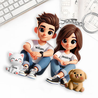 Personalized Acrylic Keychain – Cute Couple Cartoon Keychain with Names and Pet, Perfect Gift for Couples, Custom Love Keepsake for Family and Relationship Celebrations