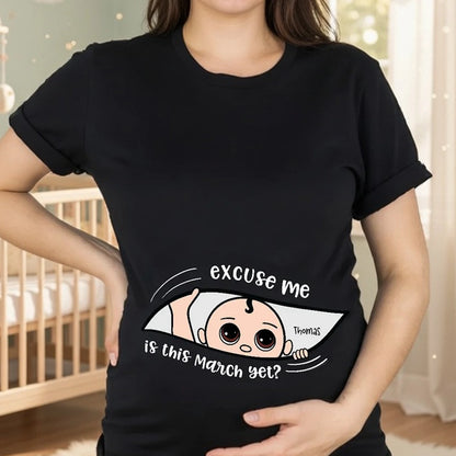 Personalized Pregnancy Announcement Classic Tee with Cute Baby Peek Design for Expecting Parents, Unique Funny Gift