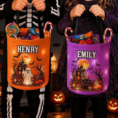 Personalized LED Light Up Fabric Basket, Kids Carrying Candy in a Glowing Halloween Scene, Creative Gift