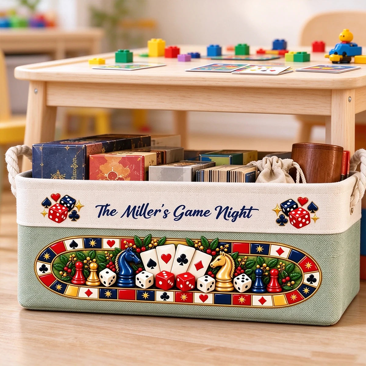 Personalized Cotton Linen Rope Basket, Family Playing Board Games, Unique Game Night Gift