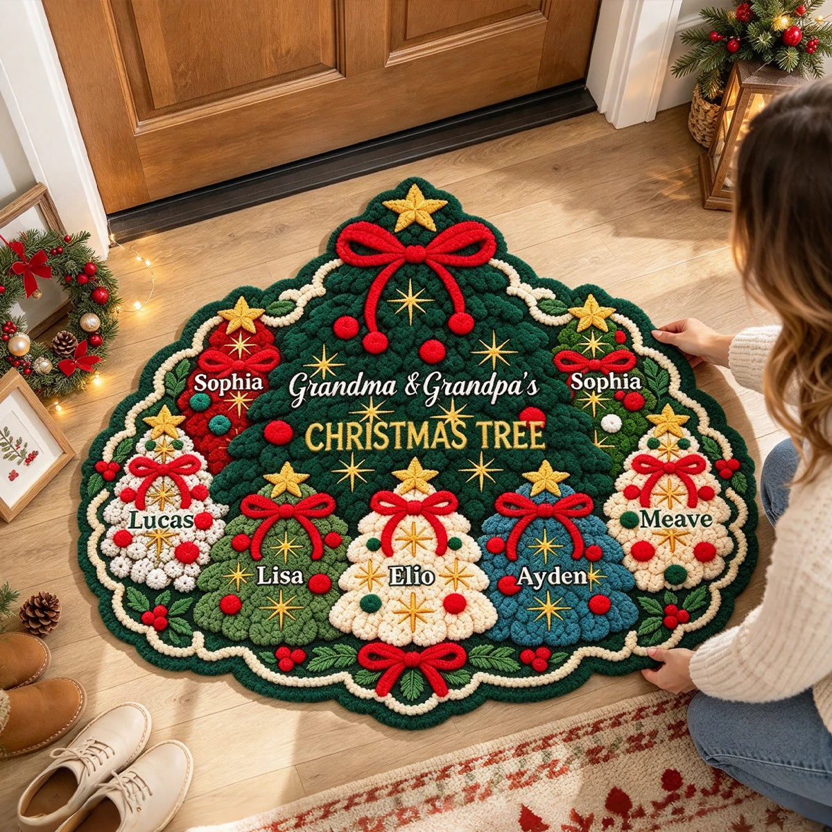 Personalized Festive Christmas Tree Shaped Doormat with Family Names, Colorful Holiday Decor, Gift for Grandparents