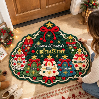 Personalized Festive Christmas Tree Shaped Doormat with Family Names, Colorful Holiday Decor, Gift for Grandparents