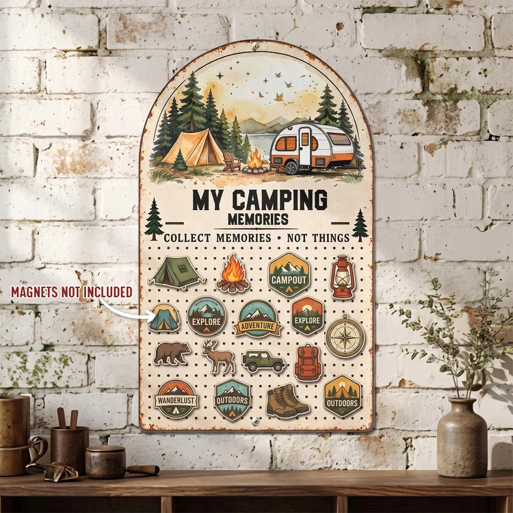 Personalized Shaped Metal Sign, Our Camping Memories with Camper and Campfire, Creative Gift for Couples