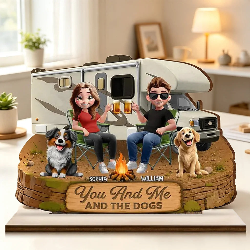 You And Me And The Dogs 2-Layer Wooden Plaque, Custom RV Campfire Scene, Creative Gift for Couples