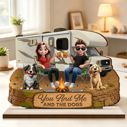 You And Me And The Dogs 2-Layer Wooden Plaque, Custom RV Campfire Scene, Creative Gift for Couples