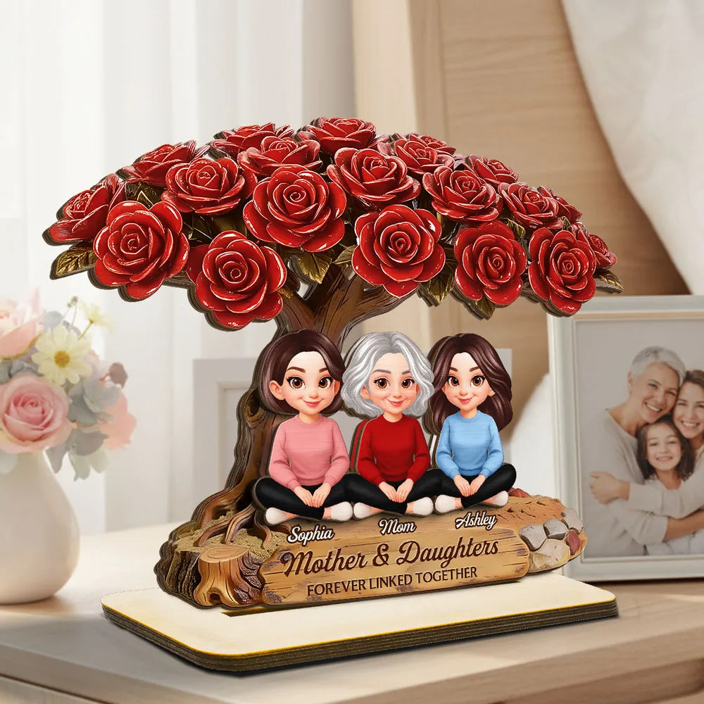 Personalized 2-Layer Wooden Plaque Rose Tree Mom and Daughters Cute Cartoon Keepsake, Unique Gift for Mom