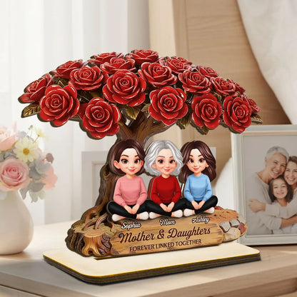 Personalized 2-Layer Wooden Plaque Rose Tree Mom and Daughters Cute Cartoon Keepsake, Unique Gift for Mom