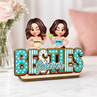 Besties Forever Wooden Plaque with Girls Raising Drinks, Creative Gift for Sister or Friend